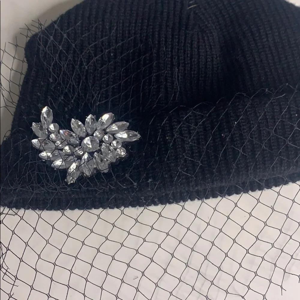 Face net black Jewel embellished knit beanie cap winter